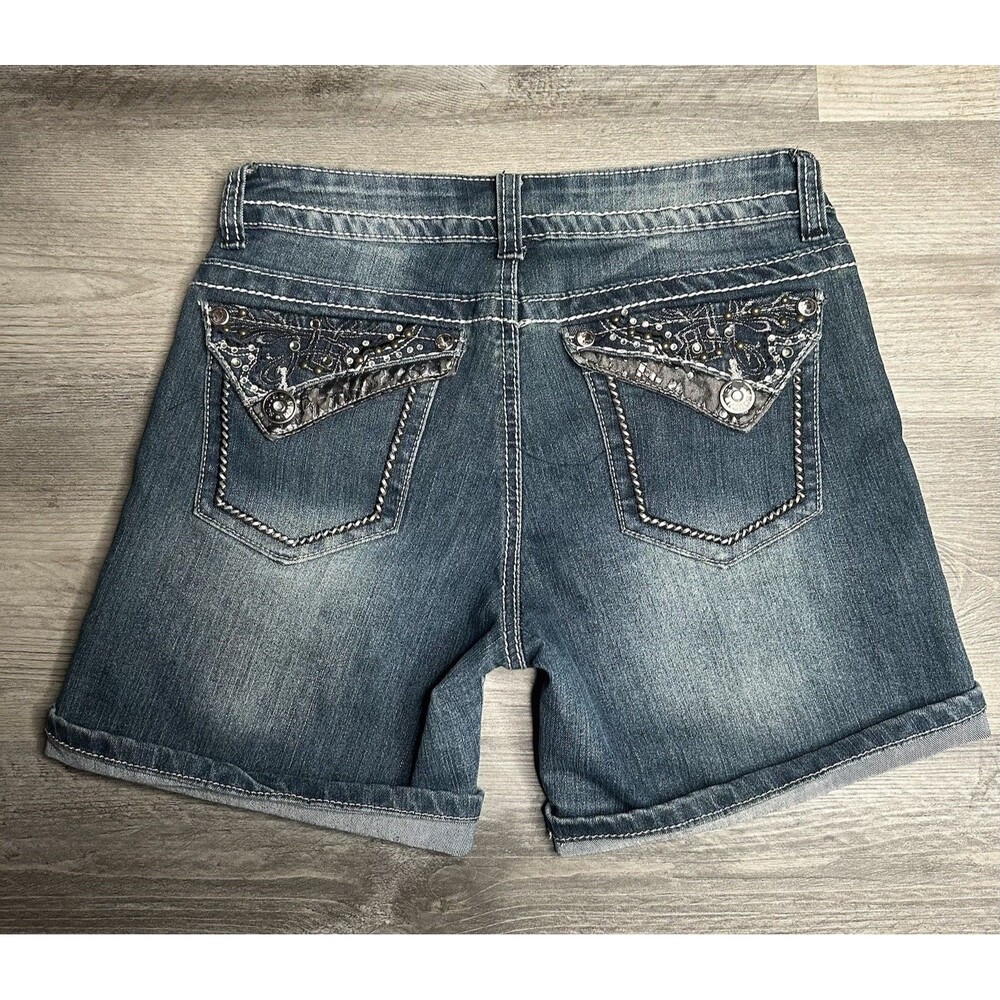 Southpole Embellished Jean Shorts Womens 7 Rhinestone Western Flap Pocket Y2K
